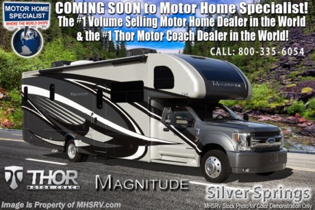 10/15/20 &lt;a href=&quot;http://www.mhsrv.com/thor-motor-coach/&quot;&gt;&lt;img src=&quot;http://www.mhsrv.com/images/sold-thor.jpg&quot; width=&quot;383&quot; height=&quot;141&quot; border=&quot;0&quot;&gt;&lt;/a&gt;  MSRP $218,468. New 2021 Thor Motor Coach Magnitude BB35 Bunk Model Super C is approximately 36 feet 8 inches in length with a full wall slide and is powered by the Ford&#174; 6.7L Power Stroke&#174; V8 turbo diesel engine with 330HP, 825 lb.-ft. torque and 10 speed transmission with selectable drive modes including Tow/Haul, Eco, Deep Sand/Snow. Also includes a SYNC 3 Enhanced Voice Recognition Communications and Entertainment System, 8&quot; Color LCD touchscreen with swiping capability, 911 assist, AppLink and smart-charging USB ports and navigation. New features for 2021 include general d&#233;cor updates throughout the coach, HDMI switcher on all TVs, solar charging system with power controller, lights now deploy in the arms of the Care Free awning, new grill, automatic head lights and the FordPass Connect 4G Wi-Fi modem.  This beautiful RV features the optional single child safety tether. The Magnitude Super C also features a 3 camera monitoring system, aluminum wheels, automatic leveling jacks, power patio awning with LED lighting, frameless windows, keyless entry, residential refrigerator, large OTR convection microwave, solid surface kitchen counter top, ball bearing drawer guides, king size bed, large TV in living area, exterior entertainment center with sound bar, 6KW Onan diesel generator with automatic generator start, multiplex wiring control system, tankless water heater, 1800-watt inverter and much more. For additional details on this unit and our entire inventory including brochures, window sticker, videos, photos, reviews &amp; testimonials as well as additional information about Motor Home Specialist and our manufacturers please visit us at MHSRV.com or call 800-335-6054. At Motor Home Specialist, we DO NOT charge any prep or orientation fees like you will find at other dealerships. All sale prices include a 200-point inspection, interior &amp; exterior wash, detail service and a fully automated high-pressure rain booth test and coach wash that is a standout service unlike that of any other in the industry. You will also receive a thorough coach orientation with an MHSRV technician, a night stay in our delivery park featuring landscaped and covered pads with full hook-ups and much more! Read Thousands upon Thousands of 5-Star Reviews at MHSRV.com and See What They Had to Say About Their Experience at Motor Home Specialist. WHY PAY MORE? WHY SETTLE FOR LESS?
