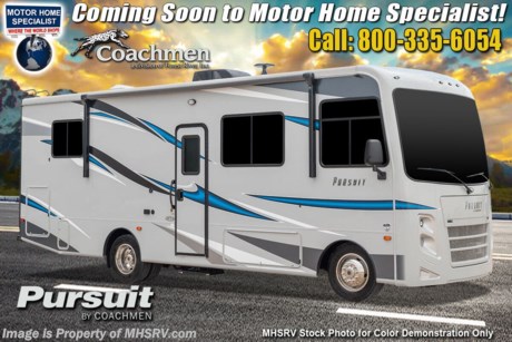 9/15/20 &lt;a href=&quot;http://www.mhsrv.com/coachmen-rv/&quot;&gt;&lt;img src=&quot;http://www.mhsrv.com/images/sold-coachmen.jpg&quot; width=&quot;383&quot; height=&quot;141&quot; border=&quot;0&quot;&gt;&lt;/a&gt;  MSRP $112,474. The New 2021 Coachmen Pursuit Precision 27XPS for sale at Motor Home Specialist; the #1 Volume Selling Motor Home Dealership in the World. This beautiful RV is approximately 29 feet in length with an overhead loft, sofa with storage, a V8 Ford engine, and a Ford chassis. This Pursuit Precision features self closing ball bearing drawer guides, brushed nickel hardware, LED Coach TV, outside shower, black tank flush, stainless steel range hood, stainless steel double door refrigerator, high rise kitchen faucet, stainless steel double bowl kitchen sink, stainless steel 3 burner range with recessed glass cover, stainless steel microwave oven, coach command center, interior LED lights, power stabilizing jacks, 8K lb. hitch with 7-way plug, exterior propane hookup and much more. For more complete details on this unit and our entire inventory including brochures, window sticker, videos, photos, reviews &amp; testimonials as well as additional information about Motor Home Specialist and our manufacturers please visit us at MHSRV.com or call 800-335-6054. At Motor Home Specialist, we DO NOT charge any prep or orientation fees like you will find at other dealerships. All sale prices include a 200-point inspection, interior &amp; exterior wash, detail service and a fully automated high-pressure rain booth test and coach wash that is a standout service unlike that of any other in the industry. You will also receive a thorough coach orientation with an MHSRV technician, an RV Starter&#39;s kit, a night stay in our delivery park featuring landscaped and covered pads with full hook-ups and much more! Read Thousands upon Thousands of 5-Star Reviews at MHSRV.com and See What They Had to Say About Their Experience at Motor Home Specialist. WHY PAY MORE?... WHY SETTLE FOR LESS?