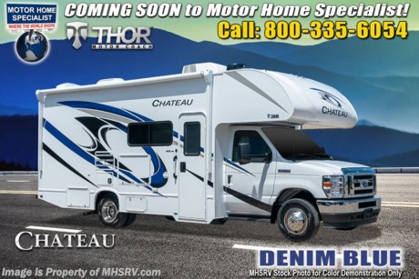 10/15/20 &lt;a href=&quot;http://www.mhsrv.com/thor-motor-coach/&quot;&gt;&lt;img src=&quot;http://www.mhsrv.com/images/sold-thor.jpg&quot; width=&quot;383&quot; height=&quot;141&quot; border=&quot;0&quot;&gt;&lt;/a&gt;  BEST PRICE @ MHSRV.com or Call 800-335-6054 - M.S.R.P. $96,718. While other dealers offer knock-off brand or &quot;Private Label&quot; Thor Motor Coach models, Motor Home Specialist remains the only Full-Line &quot;Real&quot; Thor Motor Coach dealership in the country. MHSRV is also the #1 selling TMC dealership in the world. No one will work harder to earn your business and our commitment to provide you an excellent sales and service experience is second to none. With that said, we highly recommend buying only Thor RVs that are recognized on the official Thor Motor Coach website regardless of where you and your family decide to purchase. Enjoy the benefits and access to the entire group of fully authorized TMC dealers nationwide. Also, when the time comes you can expect an almost certain higher appraisal value when selling or trading an official website recognized Thor RV. See them all at MHSRV.com. Compare &amp; save big on this well-appointed Thor Motor Coach Chateau 22E. Options not commonly found on the competition include the upgraded Home Collection interior, an exterior entertainment center with built in TV, a 3-camera coach monitoring system, upgraded leatherette driver and passenger captain&#39;s chairs, heated and power side view mirrors, 3-burner range with large oven, an upgraded 15K BTU A/C unit, 100 watt solar charging system with power controller, 3 burner cooktop with oven and glass cover, cockpit carpet mat, dash applique, an outside shower, heated holding tanks, a convenience package with valve stem extenders and keyless entry as-well-as the all-important child safety tether and cab-over child safety netting system. New features for the 2021 Chateau include the new dash stereo, all new exteriors, new flooring, decorative kitchen glass inserts, new valance &amp; headboards, LED taillights and much more. For additional details on this unit and our entire inventory including brochures, window sticker, videos, photos, reviews &amp; testimonials as well as additional information about Motor Home Specialist and our manufacturers please visit us at MHSRV.com or call 800-335-6054. At Motor Home Specialist, we DO NOT charge any prep or orientation fees like you will find at other dealerships. All sale prices include a 200-point inspection, interior &amp; exterior wash, detail service and a fully automated high-pressure rain booth test and coach wash that is a standout service unlike that of any other in the industry. You will also receive a thorough coach orientation with an MHSRV technician, a night stay in our delivery park featuring landscaped and covered pads with full hook-ups and much more! Read Thousands upon Thousands of 5-Star Reviews at MHSRV.com and See What They Had to Say About Their Experience at Motor Home Specialist. WHY PAY MORE? WHY SETTLE FOR LESS?