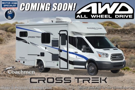 9/15/20 &lt;a href=&quot;http://www.mhsrv.com/coachmen-rv/&quot;&gt;&lt;img src=&quot;http://www.mhsrv.com/images/sold-coachmen.jpg&quot; width=&quot;383&quot; height=&quot;141&quot; border=&quot;0&quot;&gt;&lt;/a&gt;  MSRP $108,738. The All New 2021 Coachmen Cross Trek (AWD) All-Wheel Drive B+ RV gives you the ability to take your adventure where most motorhomes cannot. With it&#39;s unrivaled exterior storage you can outfit your Cross Trek with the gear you’ll need to conquer most any expedition! Measuring 24 feet in length the 20XG Cross Trek is powered by an (AWD) Ford Transit 3.5L V6 EcoBoost&#174; turbo engine with 306-HP horsepower, 400-lb.ft. torque, 10-speed automatic transmission, Ford&#174; Safety Systems, Lane Departure Warning, Pre-Collision Assist, Auto High Beam Headlights, Tire Pressure Monitoring System (TPMS), AdvanceTrac&#174; with RSC&#174;, Hill Start Assist and Rain Sensing Windshield Wipers. You will also find exceptional capacities for the fresh water, LP and even the cargo carrying capacities that are not commonly found in the RV industry. The massive AGM battery coupled with a state-of-the-art 3000 Watt Xantrex inverter helps provide an off-the-grid experience unlike that of any other RV in it&#39;s class. No generator is needed even when running your roof A/C! This particular Cross Trek also features the Overland Package which includes Silver-Cloud infused sidewalls, front cap and wing panels, fiberglass rear wheel skirts, exterior LED halo tail lights, stainless steel wheel inserts, towing hitch with 4-way plug, steel entry step, large Smart TV with removable bracket, portable Bluetooth™ speaker, Omni directional TV/FM/AM antenna, WiFi Ranger, arm-less awning, window shades, refrigerator, residential microwave, cook top, bed area charging centers, 18,000 BTU furnace, high efficiency and ducted A/C system, water heater, black tank flush, interior LED lights and the comfort and security of the SafeRide Motor Club Roadside Assistance. This unit also features a power vent fan and an incredible 380 watt solar system. You will also find the upgraded Explorer Package that includes a 68 lb. propane tank, AGM auxiliary battery, an energy management system, heated holding tanks, exterior windshield cover, LP quick-connect, water spray port, and accessory rail system and a portable generator ready connection. Additional options include a massive 380W Solar system to help keep you charged up and having fun! For additional details on this unit and our entire inventory including brochures, window sticker, videos, photos, reviews &amp; testimonials as well as additional information about Motor Home Specialist and our manufacturers please visit us at MHSRV.com or call 800-335-6054. At Motor Home Specialist, we DO NOT charge any prep or orientation fees like you will find at other dealerships. All sale prices include a 200-point inspection, interior &amp; exterior wash, detail service and a fully automated high-pressure rain booth test and coach wash that is a standout service unlike that of any other in the industry. You will also receive a thorough coach orientation with an MHSRV technician, a night stay in our delivery park featuring landscaped and covered pads with full hook-ups and much more! Read Thousands upon Thousands of 5-Star Reviews at MHSRV.com and See What They Had to Say About Their Experience at Motor Home Specialist. WHY PAY MORE? WHY SETTLE FOR LESS?