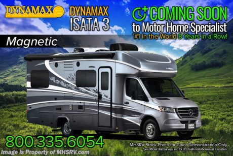 MSRP $166,449. The 2021 DynaMax Isata 3 Series model 24FW is approximately 24 feet 7 inches in length powered by a 3.0L V6 diesel engine on a Mercedes -Benz sprinter chassis and is backed by Dynamax’s industry-leading Two-Year limited Warranty. Dynamax Isata 3 Features a large 10.5” touchscreen infotainment center with smart wheel controls, navigation, “Hey Mercedes” voice controls, Apple Carplay &amp; Android Auto smartphone integration with Bluetooth capability, active lane keeping assist, adaptive cruise control, active brake assist, traffic sign assist, hill start assist, power &amp; heated swivel cab seats, attention assist, rescues assist, automatic high-beam assist, crosswind assist, electronic stability program, wet wiper system, sideview &amp; backup cameras on separate 7” monitor and now with hardwood cabinetry throughout! Optional features includes the beautiful full body paint, exterior lighting package with high performance LED headlamps, solar with amp controller, aluminum rims, cab over loft, automatic hydraulic leveling system, tire pressure monitoring system, powered theater seats IPO dinette, cocktail table between cab seats, cab seat booster cushions, and a 3.2KW Onan diesel generator IPO 3.6KW LP generator.  A few standard features include the contemporary frameless windows, MaxxAir power vents, Trauma AquaGo water heater with hybrid technology, dual AGM maintenance free house batteries, convection microwave oven, kitchen solid surface countertops, full extension soft closing drawer guides where available, hidden hinges, ducted low profile 15,000 BTU A/C, 3.6KW Onan LP generator, inverter and so much more. For 2 year limited warranty details contact Dynamax or a MHSRV representative. For more complete details on this unit and our entire inventory including brochures, window sticker, videos, photos, reviews &amp; testimonials as well as additional information about Motor Home Specialist and our manufacturers please visit us at MHSRV.com or call 800-335-6054. At Motor Home Specialist, we DO NOT charge any prep or orientation fees like you will find at other dealerships. All sale prices include a 200-point inspection, interior &amp; exterior wash, detail service and a fully automated high-pressure rain booth test and coach wash that is a standout service unlike that of any other in the industry. You will also receive a thorough coach orientation with an MHSRV technician, an RV Starter&#39;s kit, a night stay in our delivery park featuring landscaped and covered pads with full hook-ups and much more! Read Thousands upon Thousands of 5-Star Reviews at MHSRV.com and See What They Had to Say About Their Experience at Motor Home Specialist. WHY PAY MORE?... WHY SETTLE FOR LESS?