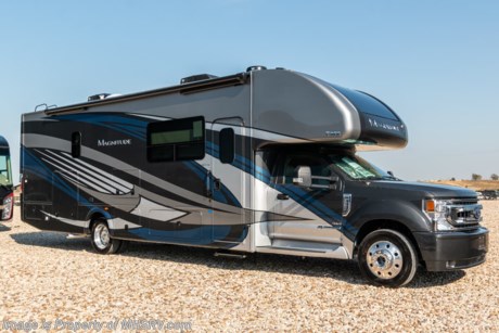 MSRP $227,831. New 2021 Thor Motor Coach Magnitude SV34 Super C is approximately 35 feet 6 inches in length with a full wall slide and is powered by the Ford&#174; 6.7L Power Stroke&#174; V8 turbo diesel engine with 330HP, 825 lb.-ft. torque and 10 speed transmission with selectable drive modes including Tow/Haul, Eco, Deep Sand/Snow. Also includes a SYNC 3 Enhanced Voice Recognition Communications and Entertainment System, 8&quot; Color LCD touchscreen with swiping capability, 911 assist, AppLink and smart-charging USB ports and navigation. New features for 2021 include general d&#233;cor updates throughout the coach, HDMI switcher on all TVs, solar charging system with power controller, lights now deploy in the arms of the Care Free awning, new grill, automatic head lights and the FordPass Connect 4G Wi-Fi modem.  This beautiful RV also features the optional leatherette theater seats w/ footrests &amp; a single child safety tether. The Magnitude Super C also features a 3 camera monitoring system, aluminum wheels, automatic leveling jacks, power patio awning with LED lighting, frameless windows, keyless entry, residential refrigerator, large OTR convection microwave, solid surface kitchen counter top, ball bearing drawer guides, king size bed, large TV in living area, exterior entertainment center with sound bar, 6KW Onan diesel generator with automatic generator start, multiplex wiring control system, tankless water heater, 1800-watt inverter and much more. For additional details on this unit and our entire inventory including brochures, window sticker, videos, photos, reviews &amp; testimonials as well as additional information about Motor Home Specialist and our manufacturers please visit us at MHSRV.com or call 800-335-6054. At Motor Home Specialist, we DO NOT charge any prep or orientation fees like you will find at other dealerships. All sale prices include a 200-point inspection, interior &amp; exterior wash, detail service and a fully automated high-pressure rain booth test and coach wash that is a standout service unlike that of any other in the industry. You will also receive a thorough coach orientation with an MHSRV technician, a night stay in our delivery park featuring landscaped and covered pads with full hook-ups and much more! Read Thousands upon Thousands of 5-Star Reviews at MHSRV.com and See What They Had to Say About Their Experience at Motor Home Specialist. WHY PAY MORE? WHY SETTLE FOR LESS?
