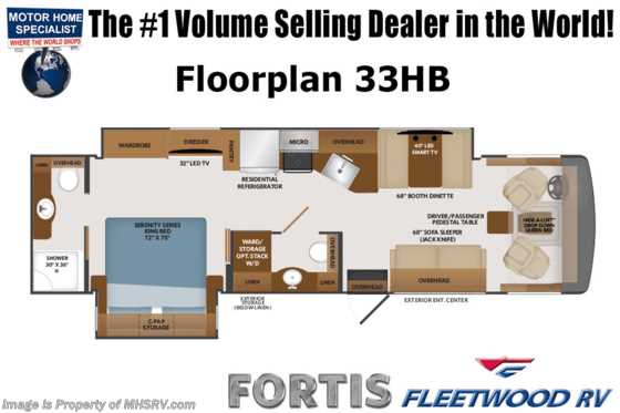 2023 Fleetwood Fortis 33HB Bath &amp; 1/2 W/ King Bed, Stack W/D, Collision Mitigation, Satellite &amp; Res Fridge Floorplan