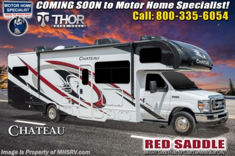 3/16/21 &lt;a href=&quot;http://www.mhsrv.com/thor-motor-coach/&quot;&gt;&lt;img src=&quot;http://www.mhsrv.com/images/sold-thor.jpg&quot; width=&quot;383&quot; height=&quot;141&quot; border=&quot;0&quot;&gt;&lt;/a&gt;  MSRP $136,122. The new 2021 Thor Motor Coach Chateau Class C RV 31E Bunk Model is approximately 32 feet 7 inches in length featuring the new Ford chassis with a 7.3L V8 engine, 350HP and 468lb-ft of torque. New features for the 2021 Chateau a new dash stereo, all new exteriors, new flooring, decorative kitchen glass inserts, new valance &amp; headboards, LED taillights and much more. This beautiful RV features the Premier Package which includes the RS-Suspension system by Mor-Ryde, touchscreen dash radio with back-up monitor, a 2 burner gas cooktop with single induction cooktop, 30&quot; over-the-range convection microwave, solid surface kitchen counter top, shower with glass door, premium window privacy roller shades, whole house water filter system, enclosed sewer area for sewer tank valves and a tankless water heater. Additional options include the beautiful partial paint exterior, exterior entertainment center, single child safety tether, attic fan, cabover child safety net, 2 A/Cs with energy management system, power driver&#39;s seat, leatherette driver and passenger chairs, second auxiliary battery, solar charging system with power controller, cockpit carpet mat and dash applique. The Chateau RV has an incredible list of standard features including power windows and locks, power patio awning with integrated LED lighting, roof ladder, in-dash media center AM/FM &amp; Bluetooth, power vent in bath, skylight above shower, Onan generator, cab A/C and so much more. For additional details on this unit and our entire inventory including brochures, window sticker, videos, photos, reviews &amp; testimonials as well as additional information about Motor Home Specialist and our manufacturers please visit us at MHSRV.com or call 800-335-6054. At Motor Home Specialist, we DO NOT charge any prep or orientation fees like you will find at other dealerships. All sale prices include a 200-point inspection, interior &amp; exterior wash, detail service and a fully automated high-pressure rain booth test and coach wash that is a standout service unlike that of any other in the industry. You will also receive a thorough coach orientation with an MHSRV technician, a night stay in our delivery park featuring landscaped and covered pads with full hook-ups and much more! Read Thousands upon Thousands of 5-Star Reviews at MHSRV.com and See What They Had to Say About Their Experience at Motor Home Specialist. WHY PAY MORE? WHY SETTLE FOR LESS?