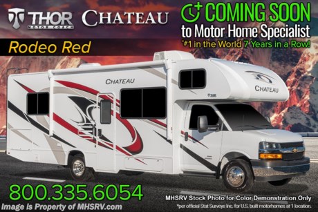 4-12-21 &lt;a href=&quot;http://www.mhsrv.com/thor-motor-coach/&quot;&gt;&lt;img src=&quot;http://www.mhsrv.com/images/sold-thor.jpg&quot; width=&quot;383&quot; height=&quot;141&quot; border=&quot;0&quot;&gt;&lt;/a&gt;  MSRP $101,666. Home Collection™ Edition. All New 2021 Thor Motor Coach Chateau&#174; 28A. This affordable, full-size luxury Class C RV floorplan is now available for the first time at Motor Home Specialist. It measures approximately 30 feet 3 inches in length providing a tremendous amount of sleeping, dining and living space while still remaining compact enough for most any state park and exceptional maneuverability even for first time RVers! This specially ordered unit features the Chevrolet&#174; 4500 Series chassis with a 6.0L Vortec&#174; V8 engine with 323HP and 373lb-ft of torque along with Chevrolet’s extra-large cab providing incomparable driver and passenger comfort and leg room. Additional special ordered options include upgraded leatherette captain’s chairs, heated remote exterior mirrors with integrated side-view cameras, child safety tether, cab-over child safety net, keyless entry, valve stem extensions, upgraded 3-burner cooktop with oven and glass cover, an additional convection microwave oven, an upgraded and ducted 15.0 BTU A/C unit, an outside shower along with heated holding tank pads that make the 28A a great RV for both summer and winter vacations! Additional features and construction highlights include an Onan&#174; 4000 Series generator, 84 inch ceiling heights, an extra-large 39 inch LED TV on swivel, 12V outlet in the bedroom for CPAP, USB ports, large refrigerator, stainless steel wheel liners, Wingard&#174; ConnecT™ WiFi / 4G / TV antenna, Vacu-Bond&#174; laminated roof, walls and floor, a one-piece fiberglass front cap, Thor’s MEGA-Storage&#174; exterior compartment and portable table, lighted Rotocast storage compartments, power patio awning with integrated LED lighting, roof ladder, touchscreen dash radio with back-up monitor, living area speaker tied into dash radio, running boards, LED taillights, emergency start switch, solar prep, residential flooring, LED interior lighting, cab-over sleeping area with cup holders and bunk ladder, leatherette jack-knife sofa/sleeper, privacy shades, full extension drawer glides, kitchen waste basket, queen size master bed with designer bedspread and shams, gas and electric water heater and a premium leatherette Dream Dinette&#174;. For additional details on this unit and our entire inventory including brochures, window sticker, videos, photos, reviews and testimonials as well as additional information about Motor Home Specialist and our manufacturers please visit us at MHSRV.com or call 800-335-6054. At Motor Home Specialist, we DO NOT charge any prep or orientation fees like you will find at other dealerships. All sale prices include a 200-point inspection, interior &amp; exterior wash, detail service and a fully automated high-pressure rain booth test and coach wash that is a standout service unlike that of any other in the industry. You will also receive a thorough coach orientation with an MHSRV technician, a night stay in our delivery park featuring landscaped and covered pads with full hook-ups and much more! Read thousands-upon-thousands of 5-Star reviews at MHSRV.com and see what they had to say about their experience at Motor Home Specialist. WHY PAY MORE? WHY SETTLE FOR LESS?