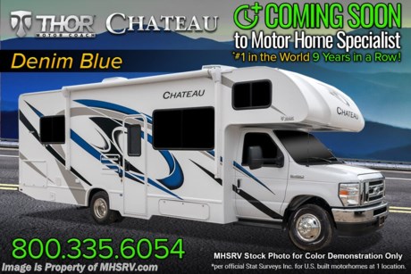 7-20-22 &lt;a href=&quot;http://www.mhsrv.com/thor-motor-coach/&quot;&gt;&lt;img src=&quot;http://www.mhsrv.com/images/sold-thor.jpg&quot; width=&quot;383&quot; height=&quot;141&quot; border=&quot;0&quot;&gt;&lt;/a&gt; MSRP $133,032. All New 2022 Thor Motor Coach Chateau&#174; 28A. This affordable, full-size luxury Class C RV floorplan is now available for the first time at Motor Home Specialist. It measures approximately 29 feet 9 inches in length providing a tremendous amount of sleeping, dining and living space while still remaining compact enough for most any state park and exceptional maneuverability even for first time RVers! This specially ordered unit features the Chevrolet&#174; 4500 Series chassis with a 6.0L Vortec&#174; V8 engine with 323HP and 373lb-ft of torque along with Chevrolet’s extra-large cab providing incomparable driver and passenger comfort and leg room. Additional special ordered options include upgraded leatherette captain’s chairs, heated remote exterior mirrors with integrated side-view cameras, child safety tether, cab-over child safety net, keyless entry, valve stem extensions, upgraded 3-burner cooktop with oven and glass cover, an additional convection microwave oven, an upgraded and ducted 15.0 BTU A/C unit, an exterior pull-out kitchen with griddle, 12V cooler and water spray port, an outside shower along with heated holding tank pads that make the 28A a great RV for both summer and winter vacations! Additional features and construction highlights include an Onan&#174; 4000 Series generator, 84 inch ceiling heights, an extra-large 39 inch LED TV on swivel, 12V outlet in the bedroom for CPAP, USB ports, large refrigerator, stainless steel wheel liners, Wingard&#174; ConnecT™ WiFi / 4G / TV antenna, Vacu-Bond&#174; laminated roof, walls and floor, a one-piece fiberglass front cap, Thor’s MEGA-Storage&#174; exterior compartment and portable table, lighted Rotocast storage compartments, power patio awning with integrated LED lighting, touchscreen dash radio with back-up monitor, living area speaker tied into dash radio, running boards, LED taillights, emergency start switch, solar prep, residential flooring, LED interior lighting, cab-over sleeping area with cup holders and bunk ladder, leatherette jack-knife sofa/sleeper, privacy shades, full extension drawer glides, kitchen waste basket, queen size master bed with designer bedspread and shams, gas and electric water heater and a premium leatherette Dream Dinette&#174;. For additional details on this unit and our entire inventory including brochures, window sticker, videos, photos, reviews and testimonials as well as additional information about Motor Home Specialist and our manufacturers please visit us at MHSRV.com or call 800-335-6054. At Motor Home Specialist, we DO NOT charge any prep or orientation fees like you will find at other dealerships. All sale prices include a 200-point inspection, interior &amp; exterior wash, detail service and a fully automated high-pressure rain booth test and coach wash that is a standout service unlike that of any other in the industry. You will also receive a thorough coach orientation with an MHSRV technician, a night stay in our delivery park featuring landscaped and covered pads with full hook-ups and much more! Read thousands-upon-thousands of 5-Star reviews at MHSRV.com and see what they had to say about their experience at Motor Home Specialist. WHY PAY MORE? WHY SETTLE FOR LESS?