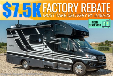 5-12-23 &lt;a href=&quot;http://www.mhsrv.com/thor-motor-coach/&quot;&gt;&lt;img src=&quot;http://www.mhsrv.com/images/sold-thor.jpg&quot; width=&quot;383&quot; height=&quot;141&quot; border=&quot;0&quot;&gt;&lt;/a&gt;  MSRP $207,219. Sale Price Includes $7,500 Factory Rebate! Must Take Delivery by 4-30-23. New 2023 Thor Motor Coach Delano Mercedes Diesel Sprinter Model 24TT. This Luxury RV measures approximately 24 feet 9 inches in length and rides on the premier Mercedes Benz Sprinter chassis equipped with an Active Braking Assist system, Attention Assist, Active Lane Assist, a Wet Wiper System and Distance Regulator Distronic Plus. You will also find a tank-less water heater, generator and the ultra-high-line cabinetry from TMC that set this coach apart from the competition! Optional equipment includes the beautiful full-body paint exterior, auto leveling jacks, diesel generator, and single child safety tether. The all new Delano Sprinter also features a 5,000 lb. hitch, fiberglass front cap with skylight, an armless power patio awning with integrated LED lighting, frameless windows, a multimedia dash radio with Bluetooth and navigation, remote exterior mirrors, back up system, swivel captain’s chairs, full extension metal ball-bearing drawer guides, Rapid Camp+, holding tanks with heat pads and much more. For additional details on this unit and our entire inventory including brochures, window sticker, videos, photos, reviews &amp; testimonials as well as additional information about Motor Home Specialist and our manufacturers please visit us at MHSRV.com or call 800-335-6054. At Motor Home Specialist, we DO NOT charge any prep or orientation fees like you will find at other dealerships. All sale prices include a 200-point inspection, interior &amp; exterior wash, detail service and a fully automated high-pressure rain booth test and coach wash that is a standout service unlike that of any other in the industry. You will also receive a thorough coach orientation with an MHSRV technician, a night stay in our delivery park featuring landscaped and covered pads with full hook-ups and much more! Read Thousands upon Thousands of 5-Star Reviews at MHSRV.com and See What They Had to Say About Their Experience at Motor Home Specialist. WHY PAY MORE? WHY SETTLE FOR LESS?