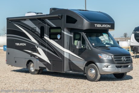 4-19-21 &lt;a href=&quot;http://www.mhsrv.com/thor-motor-coach/&quot;&gt;&lt;img src=&quot;http://www.mhsrv.com/images/sold-thor.jpg&quot; width=&quot;383&quot; height=&quot;141&quot; border=&quot;0&quot;&gt;&lt;/a&gt; MSRP $164,738. New 2021 Thor Motor Coach Tiburon Mercedes Diesel Sprinter Model 24RW. This Luxury RV measures approximately 25 feet 8 inches in length and rides on the premier Mercedes Benz Sprinter chassis equipped with an Active Braking Assist system, Attention Assist, Active Lane Assist, a Wet Wiper System and Distance Regulator Distronic Plus. You will also find a tank-less water heater, an Onan generator and the ultra-high-line cabinetry from TMC that set this coach apart from the competition! Optional equipment includes the beautiful full-body paint exterior and a electric stabilizing system. The all new Tiburon Sprinter also features a 5,000 lb. hitch, fiberglass front cap with skylight, an armless power patio awning with integrated LED lighting, frameless windows, a multimedia dash radio with Bluetooth and navigation, heated &amp; remote exterior mirrors, back up system, swivel captain’s chairs, full extension metal ball-bearing drawer guides, Rapid Camp+, holding tanks with heat pads and much more. For more complete details on this unit and our entire inventory including brochures, window sticker, videos, photos, reviews &amp; testimonials as well as additional information about Motor Home Specialist and our manufacturers please visit us at MHSRV.com or call 800-335-6054. At Motor Home Specialist, we DO NOT charge any prep or orientation fees like you will find at other dealerships. All sale prices include a 200-point inspection, interior &amp; exterior wash, detail service and a fully automated high-pressure rain booth test and coach wash that is a standout service unlike that of any other in the industry. You will also receive a thorough coach orientation with an MHSRV technician, an RV Starter&#39;s kit, a night stay in our delivery park featuring landscaped and covered pads with full hook-ups and much more! Read Thousands upon Thousands of 5-Star Reviews at MHSRV.com and See What They Had to Say About Their Experience at Motor Home Specialist. WHY PAY MORE? WHY SETTLE FOR LESS?
