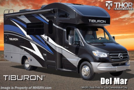 4-19-21 &lt;a href=&quot;http://www.mhsrv.com/thor-motor-coach/&quot;&gt;&lt;img src=&quot;http://www.mhsrv.com/images/sold-thor.jpg&quot; width=&quot;383&quot; height=&quot;141&quot; border=&quot;0&quot;&gt;&lt;/a&gt; MSRP $174,062. New 2021 Thor Motor Coach Tiburon Mercedes Diesel Sprinter Model 24FB. This Luxury RV measures approximately 25 feet 8 inches in length and rides on the premier Mercedes Benz Sprinter chassis equipped with an Active Braking Assist system, Attention Assist, Active Lane Assist, a Wet Wiper System and Distance Regulator Distronic Plus. You will also find a tank-less water heater, an Onan generator and the ultra-high-line cabinetry from TMC that set this coach apart from the competition! Optional equipment includes the beautiful full body paint exterior, diesel generator, automatic leveling jacks, single child safety tether, 15.0 low profile A/C. The all new Tiburon Sprinter also features a 5,000 lb. hitch, fiberglass front cap with skylight, an armless power patio awning with integrated LED lighting, frameless windows, a multimedia dash radio with Bluetooth and navigation, heated &amp; remote exterior mirrors, back up system, swivel captain’s chairs, full extension metal ball-bearing drawer guides, Rapid Camp+, holding tanks with heat pads and much more. For more complete details on this unit and our entire inventory including brochures, window sticker, videos, photos, reviews &amp; testimonials as well as additional information about Motor Home Specialist and our manufacturers please visit us at MHSRV.com or call 800-335-6054. At Motor Home Specialist, we DO NOT charge any prep or orientation fees like you will find at other dealerships. All sale prices include a 200-point inspection, interior &amp; exterior wash, detail service and a fully automated high-pressure rain booth test and coach wash that is a standout service unlike that of any other in the industry. You will also receive a thorough coach orientation with an MHSRV technician, an RV Starter&#39;s kit, a night stay in our delivery park featuring landscaped and covered pads with full hook-ups and much more! Read Thousands upon Thousands of 5-Star Reviews at MHSRV.com and See What They Had to Say About Their Experience at Motor Home Specialist. WHY PAY MORE? WHY SETTLE FOR LESS?
