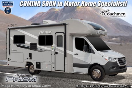 4-12-21 &lt;a href=&quot;http://www.mhsrv.com/coachmen-rv/&quot;&gt;&lt;img src=&quot;http://www.mhsrv.com/images/sold-coachmen.jpg&quot; width=&quot;383&quot; height=&quot;141&quot; border=&quot;0&quot;&gt;&lt;/a&gt;  MSRP $128,558. All New 2021 Coachmen Prism Select 24CB for sale at Motor Home Specialist; the #1 volume selling motor home dealership in the world. The Coachmen Prism is a luxurious, easy to drive, multi-use touring vehicle that provides unique styling and amenities. Options on this well appointed RV include dual auxiliary batteries, exterior entertainment center, coach TV, and electric leveling jacks. The Prism boasts an impressive list of features that include aluminum laminate sidewalls, high gloss color infused fiberglass, vinyl graphics, slide-out topper awnings, 3.6KW Onan LP generator, stainless still wheel inserts, 5K lb. hitch W/ 7-way plug, exterior LED marker lights, 3 camera monitoring system, solar power prep, power awning, molded plastic front cabover, rotating/reclining pilot &amp; co-pilot seats, hardwood cabinet doors, day/night window shades, full extension ball bearing drawer guides, 12V USB charging stations, wireless phone charger, child safety tether, interior LED lights, seamless thermofoil countertop, 3 burner range with oven, gas/electric water heater, upgraded mattress, WiFi ranger and much more! For additional details on this unit and our entire inventory including brochures, window sticker, videos, photos, reviews &amp; testimonials as well as additional information about Motor Home Specialist and our manufacturers please visit us at MHSRV.com or call 800-335-6054. At Motor Home Specialist, we DO NOT charge any prep or orientation fees like you will find at other dealerships. All sale prices include a 200-point inspection, interior &amp; exterior wash, detail service and a fully automated high-pressure rain booth test and coach wash that is a standout service unlike that of any other in the industry. You will also receive a thorough coach orientation with an MHSRV technician, a night stay in our delivery park featuring landscaped and covered pads with full hook-ups and much more! Read Thousands upon Thousands of 5-Star Reviews at MHSRV.com and See What They Had to Say About Their Experience at Motor Home Specialist. WHY PAY MORE? WHY SETTLE FOR LESS?