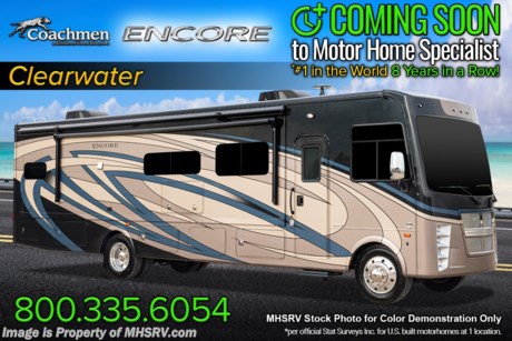 4-20-21 &lt;a href=&quot;http://www.mhsrv.com/coachmen-rv/&quot;&gt;&lt;img src=&quot;http://www.mhsrv.com/images/sold-coachmen.jpg&quot; width=&quot;383&quot; height=&quot;141&quot; border=&quot;0&quot;&gt;&lt;/a&gt;  M.S.R.P. $192,980 - New 2021 Coachmen Encore 325SS. This amazing new luxury class A motor home sets itself apart with many new innovative features including Coachmen’s patent pending Solarium power skylight! The 325SS measures approximately 35 feet 4 inches in length and features a full-wall slide, king size bed with specially designed storage system, a power drop-down loft, fireplace, spacious living and dining areas, and an exterior kitchen and entertainment center. This Encore is exceptionally well-appointed and features the upgraded stainless steel appliance package which includes a stainless steel residential refrigerator w/ 1000W inverter, a convection microwave, large cooktop, as well as a beautiful stainless steel farm house sink! Additional options include the beautiful Encore full-body paint exterior, power theater seating, power skylight, and a stackable washer/dryer. The Coachmen Encore features an incredible list of standard features and construction highlights as well. You will find the incomparable Azdel™ Noble Select Sidewalls, a one-piece fiberglass roof, a 5.5KW generator, an 8,000 lb. hitch, 50 Amp service, rear vision monitor w/ high definition backup and sideview cameras, automatic leveling jacks, 100W roof mounted solar panel, (2) 15K BTU A/Cs with heat pumps, soft closing drawers, solid surface countertops, WiFiRANGER™, and a touch screen radio with Apple CarPlay to mention just a few! The Encore is powered by the all new Ford&#174; 7.3L V8 with 350HP, 468 ft. lbs. torque, and a 6-speed TorqShift&#174; automatic transmission. Additionally you will find an upgraded suspension system, traction control, tilt and telescoping steering wheel, auto dimming dash lights, 22.5&quot; Aluminum wheels and much more! For additional details on this unit and our entire inventory including brochures, window sticker, videos, photos, reviews &amp; testimonials as well as additional information about Motor Home Specialist and our manufacturers please visit us at MHSRV.com or call 800-335-6054. At Motor Home Specialist, we DO NOT charge any prep or orientation fees like you will find at other dealerships. All sale prices include a 200-point inspection, interior &amp; exterior wash, detail service and a fully automated high-pressure rain booth test and coach wash that is a standout service unlike that of any other in the industry. You will also receive a thorough coach orientation with an MHSRV technician, a night stay in our delivery park featuring landscaped and covered pads with full hook-ups and much more! Read Thousands upon Thousands of 5-Star Reviews at MHSRV.com and See What They Had to Say About Their Experience at Motor Home Specialist. WHY PAY MORE? WHY SETTLE FOR LESS?