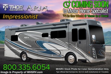 1/4/22  &lt;a href=&quot;http://www.mhsrv.com/thor-motor-coach/&quot;&gt;&lt;img src=&quot;http://www.mhsrv.com/images/sold-thor.jpg&quot; width=&quot;383&quot; height=&quot;141&quot; border=&quot;0&quot;&gt;&lt;/a&gt;  MSRP $338,250. The New 2022 Thor Motor Coach Aria Diesel Pusher Model 3701 is approximately 38 feet 3 inches in length and features (4) slide-out rooms, drop down overhead bunk, fireplace, king size Tilt-A-View inclining bed, stainless steel residential refrigerator, solid surface counter tops, stack washer/dryer and (2) ducted 15,000 BTU A/Cs with heat pumps. The Aria is powered by a Cummins 360HP diesel engine, Freightliner XC-R raised rail chassis, Allison automatic transmission Air-Ride suspension and features automatic leveling jacks with touch pad controls, touchscreen dash radio with GPS, polished tile floors and much more. For more complete details on this unit and our entire inventory including brochures, window sticker, videos, photos, reviews &amp; testimonials as well as additional information about Motor Home Specialist and our manufacturers please visit us at MHSRV.com or call 800-335-6054. At Motor Home Specialist, we DO NOT charge any prep or orientation fees like you will find at other dealerships. All sale prices include a 200-point inspection, interior &amp; exterior wash, detail service and a fully automated high-pressure rain booth test and coach wash that is a standout service unlike that of any other in the industry. You will also receive a thorough coach orientation with an MHSRV technician, an RV Starter&#39;s kit, a night stay in our delivery park featuring landscaped and covered pads with full hook-ups and much more! Read Thousands upon Thousands of 5-Star Reviews at MHSRV.com and See What They Had to Say About Their Experience at Motor Home Specialist. WHY PAY MORE?... WHY SETTLE FOR LESS?