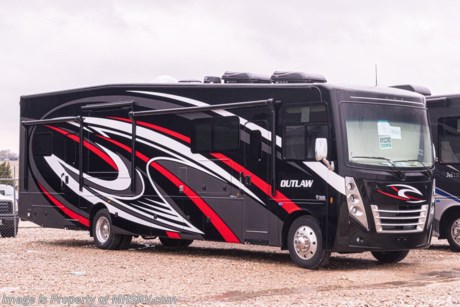 4-19-21 &lt;a href=&quot;http://www.mhsrv.com/thor-motor-coach/&quot;&gt;&lt;img src=&quot;http://www.mhsrv.com/images/sold-thor.jpg&quot; width=&quot;383&quot; height=&quot;141&quot; border=&quot;0&quot;&gt;&lt;/a&gt;  MSRP $232,351  New 2021 Thor Motor Coach Outlaw Toy Hauler model 38MB is approximately 39 feet 9 inches in length with 2 slide-out rooms, high polished aluminum wheels, residential refrigerator, electric rear patio awning, bug screen curtain in the garage, roller shades on the driver &amp; passenger windows, as well as drop down ramp door with spring assist &amp; railing for patio use. This beautiful new motorhome also features the new Ford chassis with 7.3L PFI V-8, 350HP, 468 ft. lbs. torque engine, a 6-speed TorqShift&#174; automatic transmission, an updated instrument cluster, automatic headlights and a tilt/telescoping steering wheel. Options include the beautiful full body exterior, leatherette jackknife sofas in garage and frameless dual pane windows. New features for 2021 include all new full body paint exteriors, general d&#233;cor updates throughout the coach, roller shade on the windshield, solar charging system with power controller and much more. The Outlaw toy hauler RV has an incredible list of standard features including beautiful wood &amp; interior decor packages, LED TVs, (3) A/C units, power patio awing with integrated LED lighting, dual side entrance doors, 1-piece windshield, a 5500 Onan generator, 3 camera monitoring system, automatic leveling system, Soft Touch leather furniture and day/night shades. For additional details on this unit and our entire inventory including brochures, window sticker, videos, photos, reviews &amp; testimonials as well as additional information about Motor Home Specialist and our manufacturers please visit us at MHSRV.com or call 800-335-6054. At Motor Home Specialist, we DO NOT charge any prep or orientation fees like you will find at other dealerships. All sale prices include a 200-point inspection, interior &amp; exterior wash, detail service and a fully automated high-pressure rain booth test and coach wash that is a standout service unlike that of any other in the industry. You will also receive a thorough coach orientation with an MHSRV technician, a night stay in our delivery park featuring landscaped and covered pads with full hook-ups and much more! Read Thousands upon Thousands of 5-Star Reviews at MHSRV.com and See What They Had to Say About Their Experience at Motor Home Specialist. WHY PAY MORE? WHY SETTLE FOR LESS?