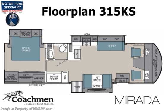 2022 Coachmen Mirada 315KS W/ Theater Seats, King Bed, Solar, Stack W/D, Ext TV &amp; More! Floorplan