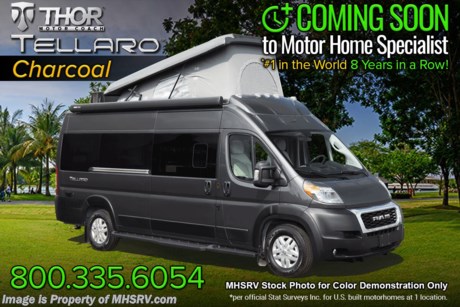 11-17-21 &lt;a href=&quot;http://www.mhsrv.com/thor-motor-coach/&quot;&gt;&lt;img src=&quot;http://www.mhsrv.com/images/sold-thor.jpg&quot; width=&quot;383&quot; height=&quot;141&quot; border=&quot;0&quot;&gt;&lt;/a&gt; New 2022 Thor Motor Coach Tellaro 20A is powered by the RAM&#174; Promaster 3500 XT window van chassis, brought to life by a 3.6 liter V-6 with 280 horsepower and 260 lb-ft. of torque and is approximately 20 feet 11 inches in length. The Tellaro was made for the outdoor adventure with the bike racks able to fit two adult bikes &amp; easily fold up out of the way, and patio awning with reinforced leg supports. This amazing new motor home also includes sliding screen door at entry way, multi-media touchscreen dash radio, back-up monitor, leatherette swivel captain’s chairs, keyless entry system, aluminum wheels, euro-style cabinet doors, premium window shades, large skylight, fold-able king bed, magnetic rear screen door, living area TV with outdoor viewing capability, WiFi 4G Winegard Connect, Onan generator, Rapid Camp multiplex control system, solar panel with solar charge controller, holding tanks with heat pads and so much more. This adventure-ready RV features the optional Power Pack Electrical System as well as the Pop-Top Sky Bunk with an additional large sleeping area for 2 and a vented skylight all while retaining your rooftop A/C! MSRP $139,613. For additional details on this unit and our entire inventory including brochures, window sticker, videos, photos, reviews &amp; testimonials as well as additional information about Motor Home Specialist and our manufacturers please visit us at MHSRV.com or call 800-335-6054. At Motor Home Specialist, we DO NOT charge any prep or orientation fees like you will find at other dealerships. All sale prices include a 200-point inspection, interior &amp; exterior wash, detail service and a fully automated high-pressure rain booth test and coach wash that is a standout service unlike that of any other in the industry. You will also receive a thorough coach orientation with an MHSRV technician, a night stay in our delivery park featuring landscaped and covered pads with full hook-ups and much more! Read Thousands upon Thousands of 5-Star Reviews at MHSRV.com and See What They Had to Say About Their Experience at Motor Home Specialist. WHY PAY MORE? WHY SETTLE FOR LESS?