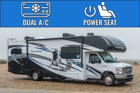 /8-23-23  MSRP $174,025. The new 2023 Thor Motor Coach Four Winds Class C RV 31W is approximately 32 feet 2 inches in length featuring the new Ford chassis. This beautiful RV features the Premier Package which includes the RS-Suspension system by Mor-Ryde, touchscreen dash radio with back-up monitor, a 2 burner gas cooktop with single induction cooktop, 30&quot; over-the-range convection microwave, solid surface kitchen counter top, shower with glass door, premium window privacy roller shades, whole house water filter system, enclosed sewer area for sewer tank valves and a tankless water heater. Additional options include the leatherette driver/passenger chairs, power drivers seat, cockpit carpet mat, dash applique, cab-over safety net, leatherette theater seats, exterior entertainment center, and (2) A/Cs with energy management systemr. The Four Winds RV has an incredible list of standard features including power windows and locks, power patio awning with integrated LED lighting, roof ladder, in-dash media center AM/FM &amp; Bluetooth, power vent in bath, skylight above shower, Onan generator, cab A/C and so much more. For additional details on this unit and our entire inventory including brochures, window sticker, videos, photos, reviews &amp; testimonials as well as additional information about Motor Home Specialist and our manufacturers please visit us at MHSRV.com or call 800-335-6054. At Motor Home Specialist, we DO NOT charge any prep or orientation fees like you will find at other dealerships. All sale prices include a 200-point inspection, interior &amp; exterior wash, detail service and a fully automated high-pressure rain booth test and coach wash that is a standout service unlike that of any other in the industry. You will also receive a thorough coach orientation with an MHSRV technician, a night stay in our delivery park featuring landscaped and covered pads with full hook-ups and much more! Read Thousands upon Thousands of 5-Star Reviews at MHSRV.com and See What They Had to Say About Their Experience at Motor Home Specialist. WHY PAY MORE? WHY SETTLE FOR LESS?