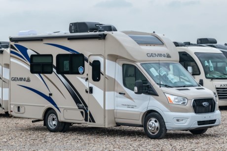 MSRP $118,081. All New 2021 Thor Gemini RUV Model 23TE with a slide for sale at Motor Home Specialist; the #1 Volume Selling Motor Home Dealership in the World. New features for 2021 include a 3.5L Ecoboost V6 engine with 306HP &amp; 400lb. of torque with all-wheel drive, 10-speed transmission, AutoTrac with roll stability control, hill start assist, lane departure warning system, pre-collision assist with emergency braking system, automatic high-beam headlights, rain sensing windshield wipers, and a 4KW Onan gas generator. Optional equipment includes the HD-Max colored sidewalls and graphics, upgraded Home Collection cabinetry, 12V attic fan and a 15K A/C. You will also be pleased to find a host of standard appointments that include a tankless water heater, refrigerator with stainless steel door insert, dash CD player with navigation, one-piece front cap with built in skylight featuring an electric shade, dash applique, swivel passenger chair, euro-style cabinet doors with soft close hidden hinges, holding tanks with heat pads and so much more. For additional details on this unit and our entire inventory including brochures, window sticker, videos, photos, reviews &amp; testimonials as well as additional information about Motor Home Specialist and our manufacturers please visit us at MHSRV.com or call 800-335-6054. At Motor Home Specialist, we DO NOT charge any prep or orientation fees like you will find at other dealerships. All sale prices include a 200-point inspection, interior &amp; exterior wash, detail service and a fully automated high-pressure rain booth test and coach wash that is a standout service unlike that of any other in the industry. You will also receive a thorough coach orientation with an MHSRV technician, a night stay in our delivery park featuring landscaped and covered pads with full hook-ups and much more! Read Thousands upon Thousands of 5-Star Reviews at MHSRV.com and See What They Had to Say About Their Experience at Motor Home Specialist. WHY PAY MORE? WHY SETTLE FOR LESS?