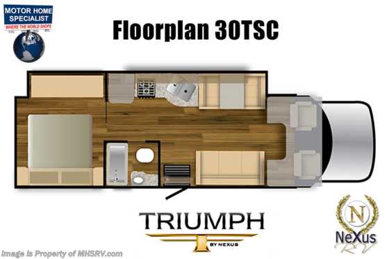 2022 Nexus Triumph 30TSC 300HP International Diesel W/ Theater Seats, Ext TV, (2) A/Cs &amp; Bedroom TV Floorplan