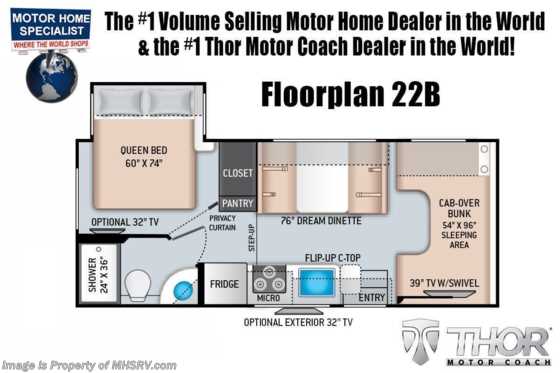 2022 Thor Motor Coach Four Winds 22B W/ Home Collection, Heated Mirrors, 15K A/C, Ext TV Floorplan