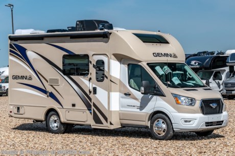 MSRP $121,381. All New 2021 Thor Gemini RUV Model 23TW with a slide for sale at Motor Home Specialist; the #1 Volume Selling Motor Home Dealership in the World. New features for 2021 include a 3.5L Ecoboost V6 engine with 306HP &amp; 400lb. of torque with all-wheel drive, 10-speed transmission, AutoTrac with roll stability control, hill start assist, lane departure warning system, pre-collision assist with emergency braking system, automatic high-beam headlights, rain sensing windshield wipers, and a 4KW Onan gas generator. Optional equipment includes the HD-Max colored sidewalls and graphics, Home Collection decor, 12V attic fan, and a 15K A/C. You will also be pleased to find a host of standard appointments that include a tankless water heater, refrigerator with stainless steel door insert, dash CD player with navigation, one-piece front cap with built in skylight featuring an electric shade, dash applique, swivel passenger chair, euro-style cabinet doors with soft close hidden hinges, holding tanks with heat pads and so much more. For additional details on this unit and our entire inventory including brochures, window sticker, videos, photos, reviews &amp; testimonials as well as additional information about Motor Home Specialist and our manufacturers please visit us at MHSRV.com or call 800-335-6054. At Motor Home Specialist, we DO NOT charge any prep or orientation fees like you will find at other dealerships. All sale prices include a 200-point inspection, interior &amp; exterior wash, detail service and a fully automated high-pressure rain booth test and coach wash that is a standout service unlike that of any other in the industry. You will also receive a thorough coach orientation with an MHSRV technician, a night stay in our delivery park featuring landscaped and covered pads with full hook-ups and much more! Read Thousands upon Thousands of 5-Star Reviews at MHSRV.com and See What They Had to Say About Their Experience at Motor Home Specialist. WHY PAY MORE? WHY SETTLE FOR LESS?