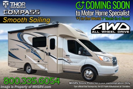 MSRP $121,381. All New 2021 Thor Compass RUV Model 23TW with a slide for sale at Motor Home Specialist; the #1 Volume Selling Motor Home Dealership in the World. New features for 2021 include a 3.5L Ecoboost V6 engine with 306HP &amp; 400lb. of torque with all-wheel drive, 10-speed transmission, AutoTrac with roll stability control, hill start assist, lane departure warning system, pre-collision assist with emergency braking system, automatic high-beam headlights, rain sensing windshield wipers, and a 4KW Onan gas generator. Optional equipment includes the HD-Max colored sidewalls and graphics, Home Collection decor, 12V attic fan and a 15K A/C. You will also be pleased to find a host of standard appointments that include a tankless water heater, refrigerator with stainless steel door insert, dash CD player with navigation, one-piece front cap with built in skylight featuring an electric shade, dash applique, swivel passenger chair, euro-style cabinet doors with soft close hidden hinges, holding tanks with heat pads and so much more. For additional details on this unit and our entire inventory including brochures, window sticker, videos, photos, reviews &amp; testimonials as well as additional information about Motor Home Specialist and our manufacturers please visit us at MHSRV.com or call 800-335-6054. At Motor Home Specialist, we DO NOT charge any prep or orientation fees like you will find at other dealerships. All sale prices include a 200-point inspection, interior &amp; exterior wash, detail service and a fully automated high-pressure rain booth test and coach wash that is a standout service unlike that of any other in the industry. You will also receive a thorough coach orientation with an MHSRV technician, a night stay in our delivery park featuring landscaped and covered pads with full hook-ups and much more! Read Thousands upon Thousands of 5-Star Reviews at MHSRV.com and See What They Had to Say About Their Experience at Motor Home Specialist. WHY PAY MORE? WHY SETTLE FOR LESS?