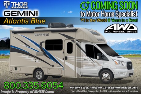 1-25-22 &lt;a href=&quot;http://www.mhsrv.com/thor-motor-coach/&quot;&gt;&lt;img src=&quot;http://www.mhsrv.com/images/sold-thor.jpg&quot; width=&quot;383&quot; height=&quot;141&quot; border=&quot;0&quot;&gt;&lt;/a&gt;  MSRP $126,856. All New 2022 Thor Gemini RUV Model 23TW with a slide for sale at Motor Home Specialist; the #1 Volume Selling Motor Home Dealership in the World. Optional equipment includes the HD-Max colored sidewalls and graphics, 12V attic fan, and a 15K A/C. You will also be pleased to find a host of standard appointments that include a tankless water heater, one-piece front cap with built in skylight featuring an electric shade, dash applique, swivel passenger chair, euro-style cabinet doors with soft close hidden hinges, holding tanks with heat pads and so much more. For additional details on this unit and our entire inventory including brochures, window sticker, videos, photos, reviews &amp; testimonials as well as additional information about Motor Home Specialist and our manufacturers please visit us at MHSRV.com or call 800-335-6054. At Motor Home Specialist, we DO NOT charge any prep or orientation fees like you will find at other dealerships. All sale prices include a 200-point inspection, interior &amp; exterior wash, detail service and a fully automated high-pressure rain booth test and coach wash that is a standout service unlike that of any other in the industry. You will also receive a thorough coach orientation with an MHSRV technician, a night stay in our delivery park featuring landscaped and covered pads with full hook-ups and much more! Read Thousands upon Thousands of 5-Star Reviews at MHSRV.com and See What They Had to Say About Their Experience at Motor Home Specialist. WHY PAY MORE? WHY SETTLE FOR LESS?