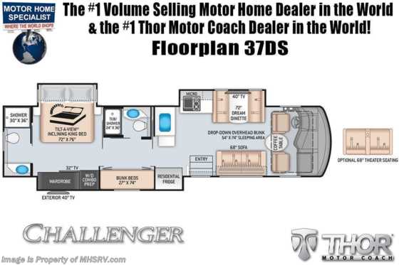 2022 Thor Motor Coach Challenger 37DS 2 Full Bath Bunk House W/ Theater Seats, King Bed, OH Loft, Exterior TV Floorplan