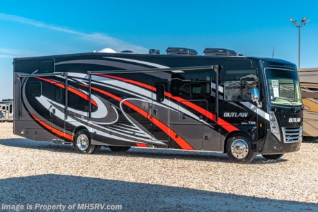 5-18-22 &lt;a href=&quot;http://www.mhsrv.com/thor-motor-coach/&quot;&gt;&lt;img src=&quot;http://www.mhsrv.com/images/sold-thor.jpg&quot; width=&quot;383&quot; height=&quot;141&quot; border=&quot;0&quot;&gt;&lt;/a&gt;  MSRP $299,326. New 2022 Thor Motor Coach Outlaw Toy Hauler model 38KB is approximately 39 feet 9 inches in length with 2 slide-out rooms, high polished aluminum wheels, residential refrigerator, electric rear patio awning, bug screen curtain in the garage, roller shades on the driver &amp; passenger windows, as well as drop down ramp door with spring assist &amp; railing for patio use. This beautiful new motorhome also features the new Ford chassis with 7.3L PFI V-8, 350HP, 468 ft. lbs. torque engine, a 6-speed TorqShift&#174; automatic transmission, an updated instrument cluster, automatic headlights and a tilt/telescoping steering wheel. Options include the beautiful full body exterior, leatherette jackknife sofas in garage and frameless dual pane windows. The Outlaw toy hauler RV has an incredible list of standard features including beautiful wood &amp; interior decor packages, LED TVs, (3) A/C units, power patio awing with integrated LED lighting, dual side entrance doors, 1-piece windshield, a 5500 Onan generator, 3 camera monitoring system, automatic leveling system, Soft Touch leather furniture and day/night shades. For additional details on this unit and our entire inventory including brochures, window sticker, videos, photos, reviews &amp; testimonials as well as additional information about Motor Home Specialist and our manufacturers please visit us at MHSRV.com or call 800-335-6054. At Motor Home Specialist, we DO NOT charge any prep or orientation fees like you will find at other dealerships. All sale prices include a 200-point inspection, interior &amp; exterior wash, detail service and a fully automated high-pressure rain booth test and coach wash that is a standout service unlike that of any other in the industry. You will also receive a thorough coach orientation with an MHSRV technician, a night stay in our delivery park featuring landscaped and covered pads with full hook-ups and much more! Read Thousands upon Thousands of 5-Star Reviews at MHSRV.com and See What They Had to Say About Their Experience at Motor Home Specialist. WHY PAY MORE? WHY SETTLE FOR LESS?