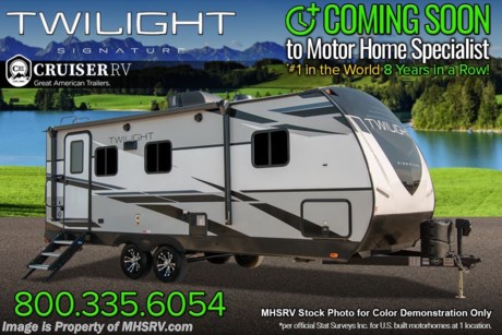 7-7-21 &lt;a href=&quot;http://www.mhsrv.com/travel-trailers/&quot;&gt;&lt;img src=&quot;http://www.mhsrv.com/images/sold-traveltrailer.jpg&quot; width=&quot;383&quot; height=&quot;141&quot; border=&quot;0&quot;&gt;&lt;/a&gt; The 2021 Twilight Luxury Travel Trailer by Thor Industry&#39;s Cruiser RV Division. Model TWS 2100 is approximately 22 feet 10 inches in length featuring a large living area, large windows for tons of natural light and upgraded amenities inside &amp; out! This amazing RV hosts the Signature Series Package which features a King Size Serta Comfort Mattress, Dual Nightstands w/ 110v Power, Black-Out Roller Shades, Adjustable Reading Lights w/ USB Charging Ports, Goodyear Tires w/ Aluminum Rims, Dexter Axles, Rear Ladder w/ Walkable Roof, Power Tongue Jack, 15K BTU High-Performance AC w/ Heat Pump, Whole-Home Dual Ducted AC System, Insulated Holding Tanks w/ Forced Heat Protection , Triple Seal Slide System Technology, Rain-A-Way Radius Roof Construction, Solid Surface Kitchen Countertops, Stainless Steel Fridge, Gourmet Recessed Oven, High Output Range Hood,  Residential High-Rise Faucet w/ Pull-out Sprayer, Dream Dinette Tech System, Residential Tri-Fold Sofa, Porcelain Toilet, Large LED TV and a Bluetooth Stereo System. This Twilight also features the power stabilizer jacks option. MSRP $36,270 including freight &amp; destination charges to MHSRV. For additional details on this unit and our entire inventory including brochures, videos, photos, reviews &amp; testimonials as well as additional information about Motor Home Specialist and our manufacturers please visit us at MHSRV.com or call 800-335-6054. At Motor Home Specialist, we DO NOT charge any prep or orientation fees like you will find at other dealerships. All sale prices include a 200-point inspection, interior &amp; exterior wash, detail service and a fully automated high-pressure rain booth test and coach wash that is a standout service unlike that of any other in the industry. You will also receive a thorough coach orientation with an MHSRV technician, a night stay in our delivery park featuring landscaped and covered pads with full hook-ups and much more! Read Thousands upon Thousands of 5-Star Reviews at MHSRV.com and See What They Had to Say About Their Experience at Motor Home Specialist. WHY PAY MORE? WHY SETTLE FOR LESS?
