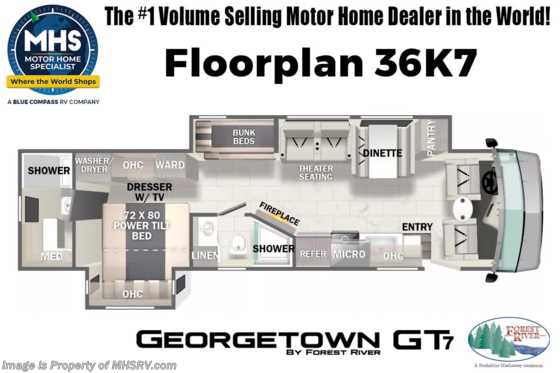 2023 Forest River Georgetown GT7 36K7 Bunk Model W/ Two Full Bath, Theater Seats, FBP, King, W/D Floorplan