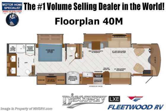 2022 Fleetwood Discovery LXE 40M Bath &amp; 1/2 W/ Oceanfront Collection, Theater Seats, Facing Dinette, Technology Pkg, OH Loft, Window Awning Pkg, Satellite, Blind Spot Detection &amp; King Bed Floorplan