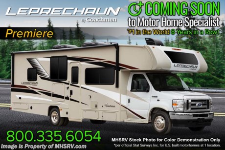 4-18-22  &lt;a href=&quot;http://www.mhsrv.com/coachmen-rv/&quot;&gt;&lt;img src=&quot;http://www.mhsrv.com/images/sold-coachmen.jpg&quot; width=&quot;383&quot; height=&quot;141&quot; border=&quot;0&quot;&gt;&lt;/a&gt;  MSRP $140,537. New 2022 Coachmen Leprechaun Model 298KB. This Luxury Class C RV measures approximately 30 feet 5 inches in length. Motor Motor Home Specialist includes the CRV Comfort Ride Premier Package option which features SumoSpring Front Shock Absorbers, SuperSpring Rear Self-Adjusting Helper Spring, Chassis Electronic Stability Control, Dynamic Balanced Driveshaft System and Heavy Duty Front and Rear Stabilizer Bars. This RV also features Coachmen’s Leprechaun Premier Package which includes certified &quot;Green&quot; construction, Azdel Onboard&#174; composite sidewall and cab-over construction, full aluminum-framed structures, molded front wrap, high gloss color infused HD exterior fiberglass, stainless steel wheel liners, solar panel connection port, LP quick connect, power patio awning w/ LED light strip, upgraded side-view mirrors, generator w/ auto change over, Roto-Cast rear warehouse storage compartment, deluxe chassis package, metal running boards, exterior shower, black tank rinsing system, in-dash backup monitor/camera, large living room TV, residential bed length w/ upgraded mattress, USB charging stations throughout, LED ceiling lights, upgraded cabinetry, one-piece thermo-foil countertops, single child tether at the forward-facing dinette, Winegard&#174; Air 360+ antenna, cab-over bunk ladder, recessed 3-burner range w/ Oven, cabover bunk ladder w/ child safety net, power roof vents with MaxxAir covers, porcelain toilet, day/night roller shades, roof A/C, and Travel Easy RV Roadside Assistance. Additional options include driver &amp; passenger swivel seats, windshield cover, cockpit folding table, dual A/Cs, equalizer stabilizer jacks, molded fiberglass front cap w/ LED light strip &amp; window, exterior entertainment center w/ soundbar, bedroom TV, Winegard Gateway-WiFi Booster &amp; 4G LTE, and the Premier Plus Package with side-view cameras, gas &amp; electric water heater, convection oven, heated holding tanks, and heated remote sideview mirrors. For more complete details on this unit and our entire inventory including brochures, window sticker, videos, photos, reviews &amp; testimonials as well as additional information about Motor Home Specialist and our manufacturers please visit us at MHSRV.com or call 800-335-6054. At Motor Home Specialist, we DO NOT charge any prep or orientation fees like you will find at other dealerships. All sale prices include a 200-point inspection, interior &amp; exterior wash, detail service and a fully automated high-pressure rain booth test and coach wash that is a standout service unlike that of any other in the industry. You will also receive a thorough coach orientation with an MHSRV technician, an RV Starter&#39;s kit, a night stay in our delivery park featuring landscaped and covered pads with full hook-ups and much more! Read Thousands upon Thousands of 5-Star Reviews at MHSRV.com and See What They Had to Say About Their Experience at Motor Home Specialist. WHY PAY MORE?... WHY SETTLE FOR LESS?