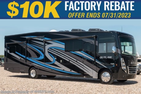 7-31-23 &lt;a href=&quot;http://www.mhsrv.com/thor-motor-coach/&quot;&gt;&lt;img src=&quot;http://www.mhsrv.com/images/sold-thor.jpg&quot; width=&quot;383&quot; height=&quot;141&quot; border=&quot;0&quot;&gt;&lt;/a&gt;  MSRP $302,835. Sale Price Includes $10,000 Factory Rebate! Offer Ends 5-31-23. New 2023 Thor Motor Coach Outlaw Toy Hauler model 38MB is approximately 39 feet 9 inches in length with 2 slide-out rooms, high polished aluminum wheels, residential refrigerator, electric rear patio awning, bug screen curtain in the garage, roller shades on the driver &amp; passenger windows, as well as drop down ramp door with spring assist &amp; railing for patio use. This beautiful new motorhome also features the new Ford chassis with 7.3L PFI V-8, a 6-speed TorqShift&#174; automatic transmission, an updated instrument cluster, automatic headlights and a tilt/telescoping steering wheel. Options include the beautiful full body exterior, leatherette jackknife sofas in garage and frameless dual pane windows. The Outlaw toy hauler RV has an incredible list of standard features including beautiful wood &amp; interior decor packages, LED TVs, (3) A/C units, power patio awing with integrated LED lighting, dual side entrance doors, 1-piece windshield, a 5500 Onan generator, 3 camera monitoring system, automatic leveling system, Soft Touch leather furniture and day/night shades. For additional details on this unit and our entire inventory including brochures, window sticker, videos, photos, reviews &amp; testimonials as well as additional information about Motor Home Specialist and our manufacturers please visit us at MHSRV.com or call 800-335-6054. At Motor Home Specialist, we DO NOT charge any prep or orientation fees like you will find at other dealerships. All sale prices include a 200-point inspection, interior &amp; exterior wash, detail service and a fully automated high-pressure rain booth test and coach wash that is a standout service unlike that of any other in the industry. You will also receive a thorough coach orientation with an MHSRV technician, a night stay in our delivery park featuring landscaped and covered pads with full hook-ups and much more! Read Thousands upon Thousands of 5-Star Reviews at MHSRV.com and See What They Had to Say About Their Experience at Motor Home Specialist. WHY PAY MORE? WHY SETTLE FOR LESS?