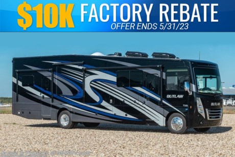 7-31-23 &lt;a href=&quot;http://www.mhsrv.com/thor-motor-coach/&quot;&gt;&lt;img src=&quot;http://www.mhsrv.com/images/sold-thor.jpg&quot; width=&quot;383&quot; height=&quot;141&quot; border=&quot;0&quot;&gt;&lt;/a&gt;  MSRP $302,835. Sale Price Includes $10,000 Factory Rebate! Offer Ends 4-30-23.  New 2023 Thor Motor Coach Outlaw Toy Hauler model 38MB is approximately 39 feet 9 inches in length with 2 slide-out rooms, high polished aluminum wheels, residential refrigerator, electric rear patio awning, bug screen curtain in the garage, roller shades on the driver &amp; passenger windows, as well as drop down ramp door with spring assist &amp; railing for patio use. This beautiful new motorhome also features the new Ford chassis with 7.3L PFI V-8, a 6-speed TorqShift&#174; automatic transmission, an updated instrument cluster, automatic headlights and a tilt/telescoping steering wheel. Options include the beautiful full body exterior, leatherette jackknife sofas in garage and frameless dual pane windows. The Outlaw toy hauler RV has an incredible list of standard features including beautiful wood &amp; interior decor packages, LED TVs, (3) A/C units, power patio awing with integrated LED lighting, dual side entrance doors, 1-piece windshield, a 5500 Onan generator, 3 camera monitoring system, automatic leveling system, Soft Touch leather furniture and day/night shades. For additional details on this unit and our entire inventory including brochures, window sticker, videos, photos, reviews &amp; testimonials as well as additional information about Motor Home Specialist and our manufacturers please visit us at MHSRV.com or call 800-335-6054. At Motor Home Specialist, we DO NOT charge any prep or orientation fees like you will find at other dealerships. All sale prices include a 200-point inspection, interior &amp; exterior wash, detail service and a fully automated high-pressure rain booth test and coach wash that is a standout service unlike that of any other in the industry. You will also receive a thorough coach orientation with an MHSRV technician, a night stay in our delivery park featuring landscaped and covered pads with full hook-ups and much more! Read Thousands upon Thousands of 5-Star Reviews at MHSRV.com and See What They Had to Say About Their Experience at Motor Home Specialist. WHY PAY MORE? WHY SETTLE FOR LESS?
