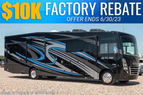 7-31-23 &lt;a href=&quot;http://www.mhsrv.com/thor-motor-coach/&quot;&gt;&lt;img src=&quot;http://www.mhsrv.com/images/sold-thor.jpg&quot; width=&quot;383&quot; height=&quot;141&quot; border=&quot;0&quot;&gt;&lt;/a&gt;  MSRP $302,835. Sale Price Includes $10,000 Factory Rebate! Offer Ends 6-31-23. New 2023 Thor Motor Coach Outlaw Toy Hauler model 38MB is approximately 39 feet 9 inches in length with 2 slide-out rooms, high polished aluminum wheels, residential refrigerator, electric rear patio awning, bug screen curtain in the garage, roller shades on the driver &amp; passenger windows, as well as drop down ramp door with spring assist &amp; railing for patio use. This beautiful new motorhome also features the new Ford chassis with 7.3L PFI V-8, a 6-speed TorqShift&#174; automatic transmission, an updated instrument cluster, automatic headlights and a tilt/telescoping steering wheel. Options include the beautiful full body exterior, and leatherette jackknife sofas. The Outlaw toy hauler RV has an incredible list of standard features including beautiful wood &amp; interior decor packages, LED TVs, (3) A/C units, power patio awing with integrated LED lighting, dual side entrance doors, 1-piece windshield, a 5500 Onan generator, 3 camera monitoring system, automatic leveling system, Soft Touch leather furniture and day/night shades. For additional details on this unit and our entire inventory including brochures, window sticker, videos, photos, reviews &amp; testimonials as well as additional information about Motor Home Specialist and our manufacturers please visit us at MHSRV.com or call 800-335-6054. At Motor Home Specialist, we DO NOT charge any prep or orientation fees like you will find at other dealerships. All sale prices include a 200-point inspection, interior &amp; exterior wash, detail service and a fully automated high-pressure rain booth test and coach wash that is a standout service unlike that of any other in the industry. You will also receive a thorough coach orientation with an MHSRV technician, a night stay in our delivery park featuring landscaped and covered pads with full hook-ups and much more! Read Thousands upon Thousands of 5-Star Reviews at MHSRV.com and See What They Had to Say About Their Experience at Motor Home Specialist. WHY PAY MORE? WHY SETTLE FOR LESS?