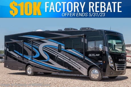 7-31-23 &lt;a href=&quot;http://www.mhsrv.com/thor-motor-coach/&quot;&gt;&lt;img src=&quot;http://www.mhsrv.com/images/sold-thor.jpg&quot; width=&quot;383&quot; height=&quot;141&quot; border=&quot;0&quot;&gt;&lt;/a&gt;  MSRP $306,286. Sale Price Includes $10,000 Factory Rebate! Offer Ends 5-31-23. New 2023 Thor Motor Coach Outlaw Toy Hauler model 38KB is approximately 39 feet 9 inches in length with 2 slide-out rooms, high polished aluminum wheels, residential refrigerator, electric rear patio awning, bug screen curtain in the garage, roller shades on the driver &amp; passenger windows, as well as drop down ramp door with spring assist &amp; railing for patio use. This beautiful new motorhome also features the new Ford chassis with 7.3L PFI V-8, a 6-speed TorqShift&#174; automatic transmission, an updated instrument cluster, automatic headlights and a tilt/telescoping steering wheel. Options include the beautiful full body exterior, and leatherette jackknife sofas in garage. The Outlaw toy hauler RV has an incredible list of standard features including beautiful wood &amp; interior decor packages, LED TVs, (3) A/C units, power patio awing with integrated LED lighting, dual side entrance doors, 1-piece windshield, a 5500 Onan generator, 3 camera monitoring system, automatic leveling system, Soft Touch leather furniture and day/night shades. For additional details on this unit and our entire inventory including brochures, window sticker, videos, photos, reviews &amp; testimonials as well as additional information about Motor Home Specialist and our manufacturers please visit us at MHSRV.com or call 800-335-6054. At Motor Home Specialist, we DO NOT charge any prep or orientation fees like you will find at other dealerships. All sale prices include a 200-point inspection, interior &amp; exterior wash, detail service and a fully automated high-pressure rain booth test and coach wash that is a standout service unlike that of any other in the industry. You will also receive a thorough coach orientation with an MHSRV technician, a night stay in our delivery park featuring landscaped and covered pads with full hook-ups and much more! Read Thousands upon Thousands of 5-Star Reviews at MHSRV.com and See What They Had to Say About Their Experience at Motor Home Specialist. WHY PAY MORE? WHY SETTLE FOR LESS?