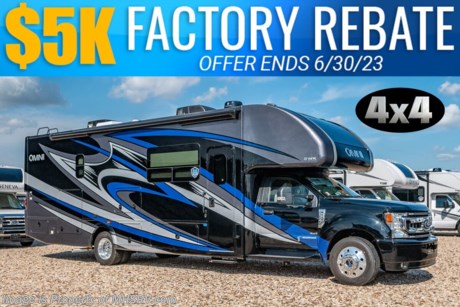 SOLD 6-20-23  MSRP $296,423. Sale Price Includes $5,000 Factory Rebate! Offer Ends 6-31-23. New 2023 Thor Motor Coach Omni SV34 Super C is approximately 35 feet 6 inches in length with a full wall slide and is powered by the Ford&#174; 6.7L Power Stroke&#174; V8 turbo diesel engine with 330HP, 825 lb.-ft. torque and 10 speed transmission with selectable drive modes including Tow/Haul, Eco, Deep Sand/Snow. Also includes a SYNC 3 Enhanced Voice Recognition Communications and Entertainment System, 8&quot; Color LCD touchscreen with swiping capability, 911 assist, AppLink and smart-charging USB ports and navigation. This beautiful RV also features the optional upgraded cabinetry &amp; the Solar Panel Plus Package. The Omni Super C also features a 3 camera monitoring system, aluminum wheels, automatic leveling jacks, power patio awning with LED lighting, frameless windows, keyless entry, residential refrigerator, large OTR convection microwave, solid surface kitchen counter top, ball bearing drawer guides, king size bed, large TV in living area, exterior entertainment center with sound bar, 6KW Onan diesel generator with automatic generator start, multiplex wiring control system, tankless water heater, 1800-watt inverter and much more. For additional details on this unit and our entire inventory including brochures, window sticker, videos, photos, reviews &amp; testimonials as well as additional information about Motor Home Specialist and our manufacturers please visit us at MHSRV.com or call 800-335-6054. At Motor Home Specialist, we DO NOT charge any prep or orientation fees like you will find at other dealerships. All sale prices include a 200-point inspection, interior &amp; exterior wash, detail service and a fully automated high-pressure rain booth test and coach wash that is a standout service unlike that of any other in the industry. You will also receive a thorough coach orientation with an MHSRV technician, a night stay in our delivery park featuring landscaped and covered pads with full hook-ups and much more! Read Thousands upon Thousands of 5-Star Reviews at MHSRV.com and See What They Had to Say About Their Experience at Motor Home Specialist. WHY PAY MORE? WHY SETTLE FOR LESS?
