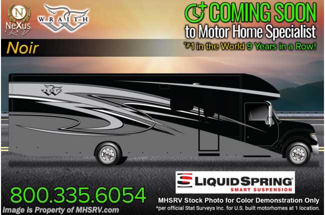 2023 Nexus Wraith 34W Super C W/ Theater Seats, Liquid Springs, Fiberglass Roof, Stack W/D, Mobileye, Solar &amp; Ext TV