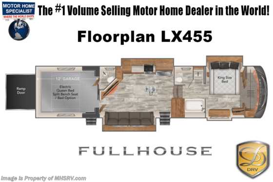 2022 DRV Full House LX455 Toy Hauler W/Theater Seating, Happijac Bed &amp; Sofa, 3 Season Garage Wall Floorplan