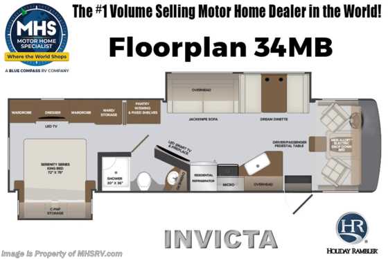 2023 Holiday Rambler Invicta 34MB W/ Theater Seating, King, W/D, Satellite, Sumo Springs, Steering Stabilizer Floorplan