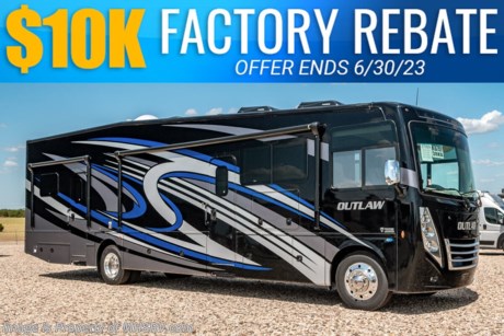 7-31-23 &lt;a href=&quot;http://www.mhsrv.com/thor-motor-coach/&quot;&gt;&lt;img src=&quot;http://www.mhsrv.com/images/sold-thor.jpg&quot; width=&quot;383&quot; height=&quot;141&quot; border=&quot;0&quot;&gt;&lt;/a&gt;  MSRP $309,585. Sale Price Includes $10,000 Factory Rebate! Offer Ends 6-31-23. New 2023 Thor Motor Coach Outlaw Toy Hauler model 38KB is approximately 39 feet 9 inches in length with 2 slide-out rooms, high polished aluminum wheels, residential refrigerator, electric rear patio awning, bug screen curtain in the garage, roller shades on the driver &amp; passenger windows, as well as drop down ramp door with spring assist &amp; railing for patio use. This beautiful new motorhome also features the new Ford chassis with 7.3L PFI V-8, a 6-speed TorqShift&#174; automatic transmission, an updated instrument cluster, automatic headlights and a tilt/telescoping steering wheel. Options include the beautiful full body exterior, leatherette jackknife sofas in garage and frameless dual pane windows. The Outlaw toy hauler RV has an incredible list of standard features including beautiful wood &amp; interior decor packages, LED TVs, (3) A/C units, power patio awing with integrated LED lighting, dual side entrance doors, 1-piece windshield, a 5500 Onan generator, 3 camera monitoring system, automatic leveling system, Soft Touch leather furniture and day/night shades. For additional details on this unit and our entire inventory including brochures, window sticker, videos, photos, reviews &amp; testimonials as well as additional information about Motor Home Specialist and our manufacturers please visit us at MHSRV.com or call 800-335-6054. At Motor Home Specialist, we DO NOT charge any prep or orientation fees like you will find at other dealerships. All sale prices include a 200-point inspection, interior &amp; exterior wash, detail service and a fully automated high-pressure rain booth test and coach wash that is a standout service unlike that of any other in the industry. You will also receive a thorough coach orientation with an MHSRV technician, a night stay in our delivery park featuring landscaped and covered pads with full hook-ups and much more! Read Thousands upon Thousands of 5-Star Reviews at MHSRV.com and See What They Had to Say About Their Experience at Motor Home Specialist. WHY PAY MORE? WHY SETTLE FOR LESS?