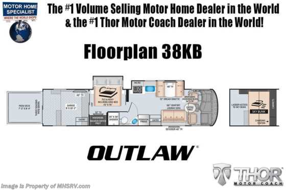 2022 Thor Motor Coach Outlaw Toy Hauler 38KB Toy Hauler W/ Frameless Dual Pane Windows &amp; Leatherette Sofas Floorplan