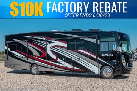 6-1-23 &lt;a href=&quot;http://www.mhsrv.com/thor-motor-coach/&quot;&gt;&lt;img src=&quot;http://www.mhsrv.com/images/sold-thor.jpg&quot; width=&quot;383&quot; height=&quot;141&quot; border=&quot;0&quot;&gt;&lt;/a&gt;  MSRP $300,885.  Sale Price Includes $10,000 Factory Rebate! Offer Ends 6-30-23.  New 2023 Thor Motor Coach Outlaw Toy Hauler model 38MB is approximately 39 feet 9 inches in length with 2 slide-out rooms, high polished aluminum wheels, residential refrigerator, electric rear patio awning, bug screen curtain in the garage, roller shades on the driver &amp; passenger windows, as well as drop down ramp door with spring assist &amp; railing for patio use. This beautiful new motorhome also features the new Ford chassis with 7.3L PFI V-8, a 6-speed TorqShift&#174; automatic transmission, an updated instrument cluster, automatic headlights and a tilt/telescoping steering wheel. Options include the beautiful full body exterior, and leatherette jackknife sofas in garage. The Outlaw toy hauler RV has an incredible list of standard features including beautiful wood &amp; interior decor packages, LED TVs, (3) A/C units, power patio awing with integrated LED lighting, dual side entrance doors, 1-piece windshield, a 5500 Onan generator, 3 camera monitoring system, automatic leveling system, Soft Touch leather furniture and day/night shades. For additional details on this unit and our entire inventory including brochures, window sticker, videos, photos, reviews &amp; testimonials as well as additional information about Motor Home Specialist and our manufacturers please visit us at MHSRV.com or call 800-335-6054. At Motor Home Specialist, we DO NOT charge any prep or orientation fees like you will find at other dealerships. All sale prices include a 200-point inspection, interior &amp; exterior wash, detail service and a fully automated high-pressure rain booth test and coach wash that is a standout service unlike that of any other in the industry. You will also receive a thorough coach orientation with an MHSRV technician, a night stay in our delivery park featuring landscaped and covered pads with full hook-ups and much more! Read Thousands upon Thousands of 5-Star Reviews at MHSRV.com and See What They Had to Say About Their Experience at Motor Home Specialist. WHY PAY MORE? WHY SETTLE FOR LESS?
