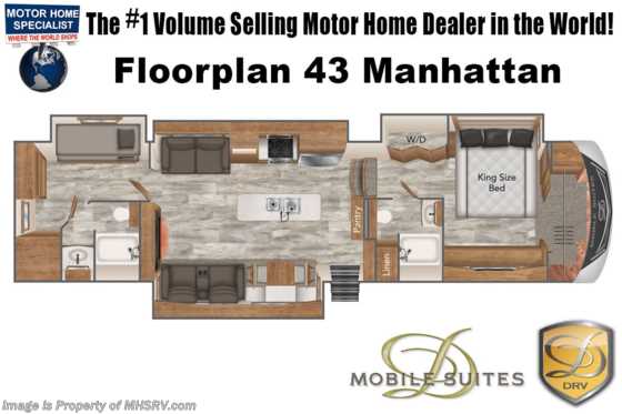 2022 DRV Mobile Suites 43 Manhattan Luxury Two Full Bath 5th Wheel W/ King Bed, Wi-Fi, Theater Seating, Power Patio Awning, W/D Floorplan