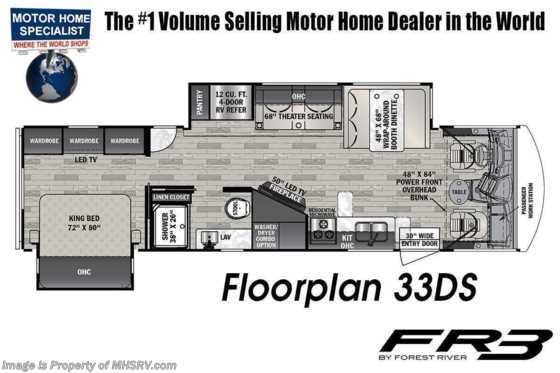 2022 Forest River FR3 33DS W/ Hydraulic Leveling, Theater Seats, Power Front Sun Shade, Combo W/D, Ext. Shower &amp; Slide Toppers Floorplan