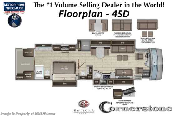 2023 Entegra Coach Cornerstone 45D Bath &amp; 1/2 W/ Theater Seating, Lithium Battery, Booth Dinette &amp; More Floorplan
