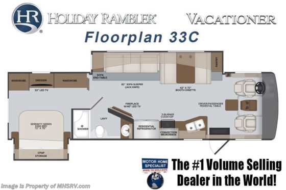2023 Holiday Rambler Vacationer 33C W/ Steering Stabilizers, Theater Seating Sofa, Satellite, Drop Down Bed, Power Cord Reel &amp; More Floorplan