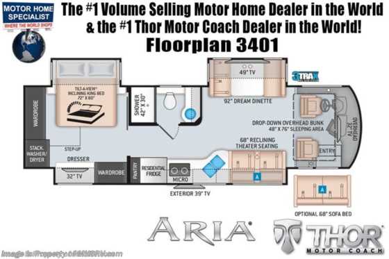 2022 Thor Motor Coach Aria 3401 W/ Theater Seating, King Bed, Res Fridge, O/H Bunk, W/D &amp; More Floorplan