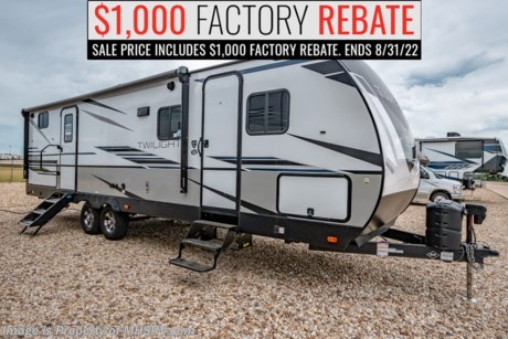 9-10 &lt;a href=&quot;http://www.mhsrv.com/travel-trailers/&quot;&gt;&lt;img src=&quot;http://www.mhsrv.com/images/sold-traveltrailer.jpg&quot; width=&quot;383&quot; height=&quot;141&quot; border=&quot;0&quot;&gt;&lt;/a&gt;  $1,000 F A C T O R Y * R E B A T E !! This Amazing Sale Price Includes the $1,000 Rebate! Offer Ends 8/31/22 - The 2022 Twilight Luxury Travel Trailer by Thor Industry&#39;s Cruiser RV Division. Model TWS 2800 is approximately 32 feet 10 inches in length featuring a large living area, large windows for tons of natural light and upgraded amenities inside &amp; out! This amazing RV hosts the Signature Package which features a King Size Serta Comfort Mattress, Spare Tire, Power Tongue Jack, Deluxe Graphics Painted with Painted Fiberglass Cap, Solid Triple Entry Step, Man Entry Door w/ Large Assist Grab Handle, Rain-Away Radius Roof w/ 16” O.C. Roof Rafters, Dual Ducted Whole House A/C System, Heated &amp; Enclosed Underbelly w/ Insulated Wrap Holding Tanks, Electric Awning w/ LED Light Strip, Keyed-A-Like Like Door System, Battery Disconnect, Solid Surface Kitchen Countertops, Black Out Roller Shades w/ Tinted Windows, Hardwood Cabinet Doors with Hidden Hinges, Stainless Steel Refrigerator, Upgraded Appliance Package, LED HD Living Room TV, Porcelain Toilet, and a Highrise Kitchen Faucet w/ Pull Out Sprayer. Additional options include power stabilizer jacks, 50 amp service and a 13.5K BTU second A/C. MSRP $57,828. For additional details on this unit and our entire inventory including brochures, window sticker, videos, photos, reviews &amp; testimonials as well as additional information about Motor Home Specialist and our manufacturers please visit us at MHSRV.com or call 800-335-6054. At Motor Home Specialist, we DO NOT charge any prep or orientation fees like you will find at other dealerships. All sale prices include a 200-point inspection, interior &amp; exterior wash, detail service and a fully automated high-pressure rain booth test and coach wash that is a standout service unlike that of any other in the industry. You will also receive a thorough coach orientation with an MHSRV technician, a night stay in our delivery park featuring landscaped and covered pads with full hook-ups and much more! Read Thousands upon Thousands of 5-Star Reviews at MHSRV.com and See What They Had to Say About Their Experience at Motor Home Specialist. WHY PAY MORE? WHY SETTLE FOR LESS?
