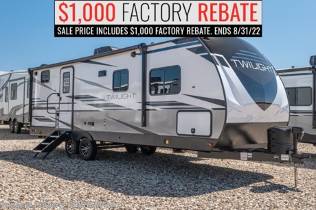 9-10 &lt;a href=&quot;http://www.mhsrv.com/travel-trailers/&quot;&gt;&lt;img src=&quot;http://www.mhsrv.com/images/sold-traveltrailer.jpg&quot; width=&quot;383&quot; height=&quot;141&quot; border=&quot;0&quot;&gt;&lt;/a&gt;  $1,000 F A C T O R Y * R E B A T E !! This Amazing Sale Price Includes the $1,000 Rebate! Offer Ends 8/31/22 - The 2022 Twilight Luxury Travel Trailer by Thor Industry&#39;s Cruiser RV Division. Bunk Model TWS 2580 is approximately 29 feet 9 inches in length featuring a large living area, large windows for tons of natural light and upgraded amenities inside &amp; out! This amazing RV hosts the Signature Package which features a King Size Serta Comfort Mattress, Spare Tire, Power Tongue Jack, Deluxe Graphics Painted with Painted Fiberglass Cap, Solid Triple Entry Step, Man Entry Door w/ Large Assist Grab Handle, Rain-Away Radius Roof w/ 16” O.C. Roof Rafters, Dual Ducted Whole House A/C System, Heated &amp; Enclosed Underbelly w/ Insulated Wrap Holding Tanks, Electric Awning w/ LED Light Strip, Keyed-A-Like Like Door System, Battery Disconnect, Solid Surface Kitchen Countertops, Black Out Roller Shades w/ Tinted Windows, Hardwood Cabinet Doors with Hidden Hinges, Stainless Steel Refrigerator, Upgraded Appliance Package, LED HD Living Room TV, Porcelain Toilet, and a Highrise Kitchen Faucet w/ Pull Out Sprayer. This Twilight also features the optional 2nd A/C, theater seating, winterization and 50 amp service. MSRP $53,090. For additional details on this unit and our entire inventory including brochures, window sticker, videos, photos, reviews &amp; testimonials as well as additional information about Motor Home Specialist and our manufacturers please visit us at MHSRV.com or call 800-335-6054. At Motor Home Specialist, we DO NOT charge any prep or orientation fees like you will find at other dealerships. All sale prices include a 200-point inspection, interior &amp; exterior wash, detail service and a fully automated high-pressure rain booth test and coach wash that is a standout service unlike that of any other in the industry. You will also receive a thorough coach orientation with an MHSRV technician, a night stay in our delivery park featuring landscaped and covered pads with full hook-ups and much more! Read Thousands upon Thousands of 5-Star Reviews at MHSRV.com and See What They Had to Say About Their Experience at Motor Home Specialist. WHY PAY MORE? WHY SETTLE FOR LESS?